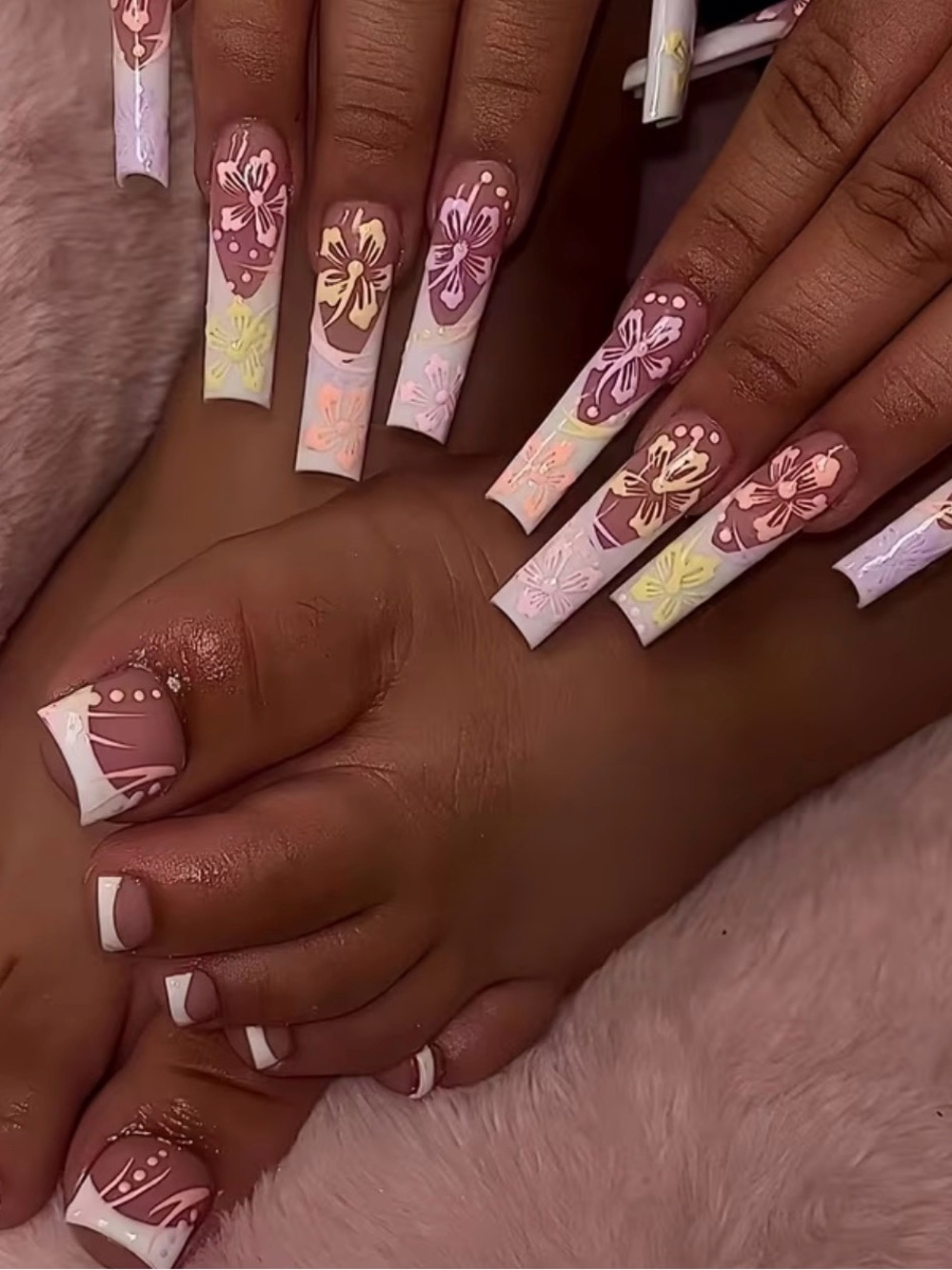Pastel Floral Acrylic Nails and toes set - Pink & White